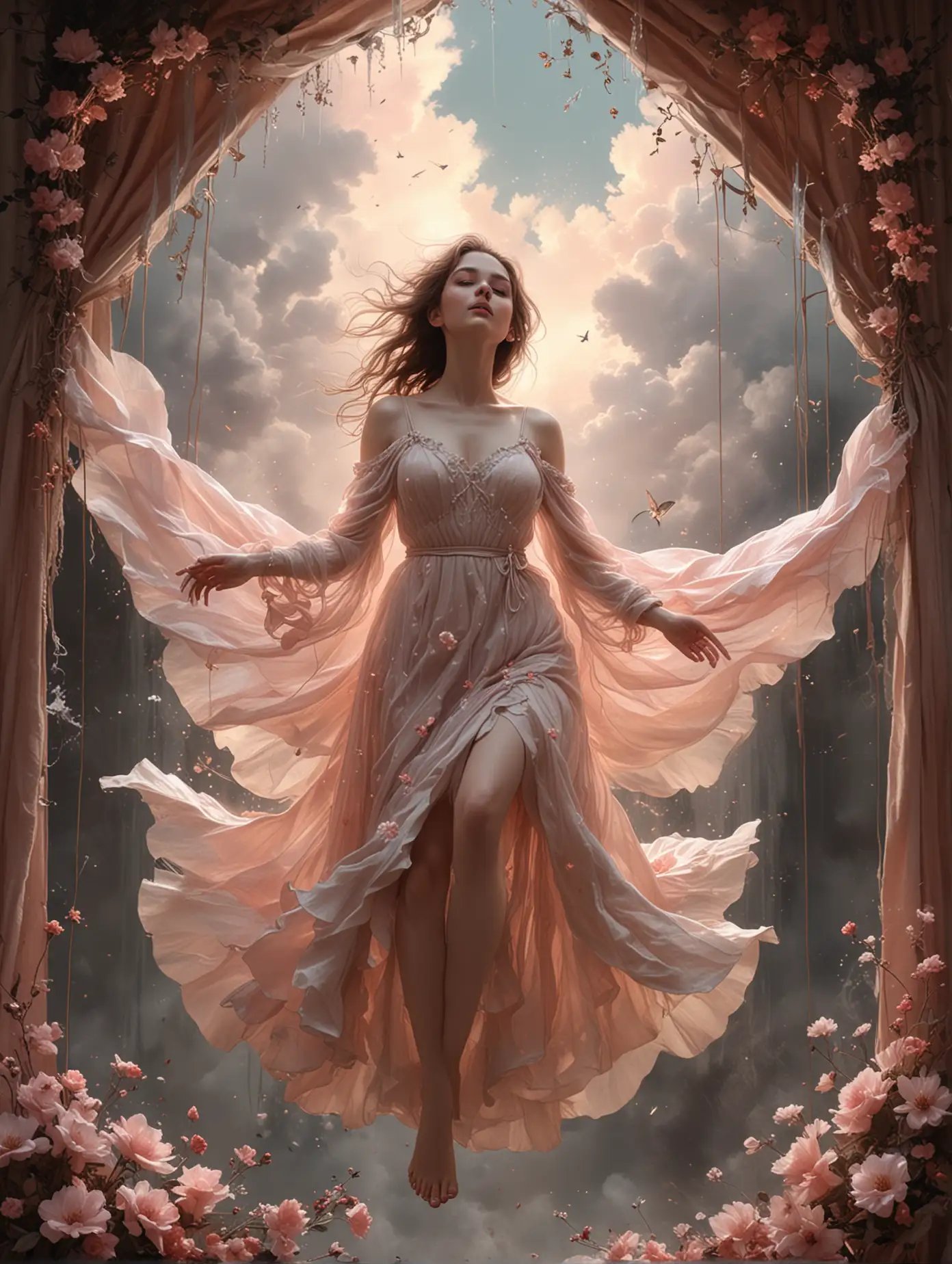 Ethereal-Girl-on-Swing-in-Pink-Sky-with-Angel-Wings-and-Flower-Petals