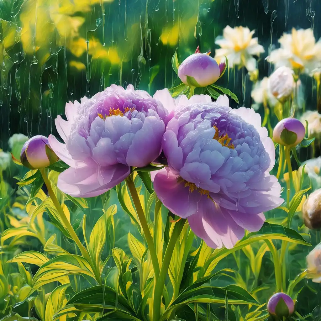 Exquisite Purple Peony Flowers Blooming in Rainwater