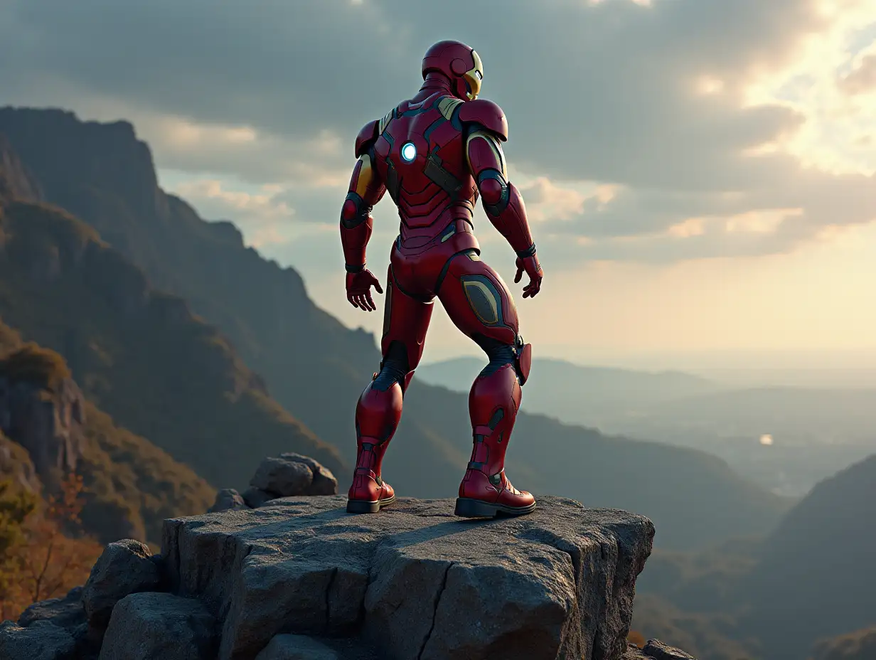 Iron Man black,red is standing on a rock 4K resolution