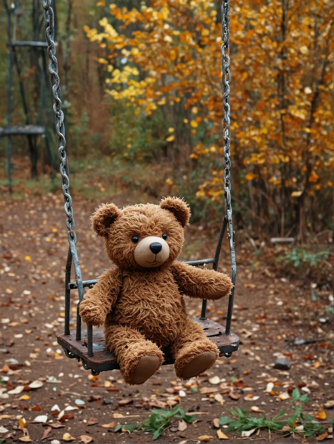 autumn. abandoned children's playground.  littlr toy bear on a rusty children's swing