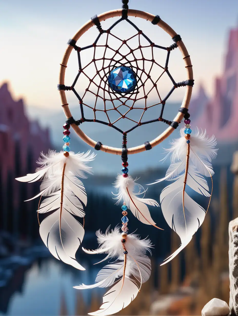 A dreamcatcher with crystal feathers and a visionary landscape.