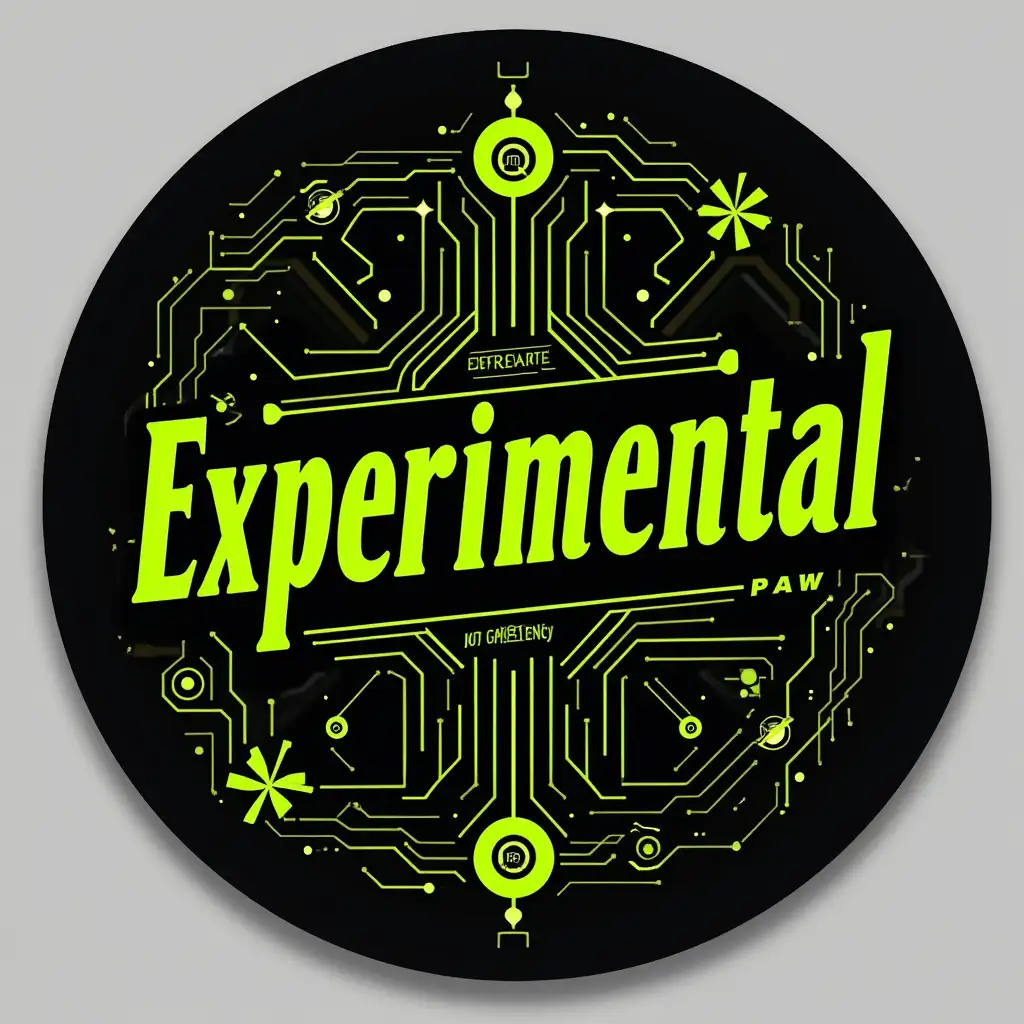 A label that prominently says 'Experimental' in bold, modern typography. The design should have a sleek, contemporary look with high contrast colors such as black and neon green. Include elements that suggest innovation and cutting-edge technology, such as geometric patterns or circuit-like designs.