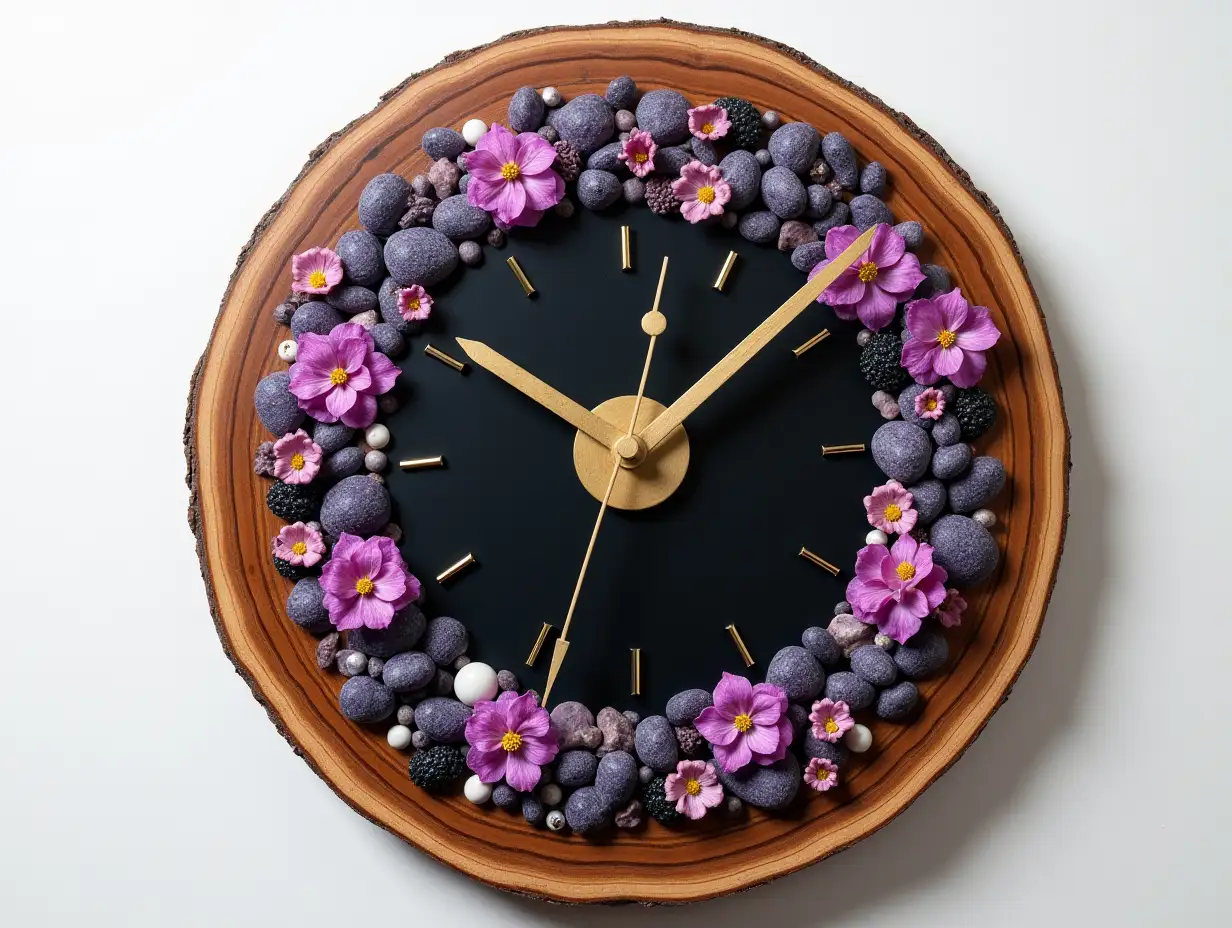 Clock made of epoxy resin mixed with wood, stones with flowers, purple black, gold