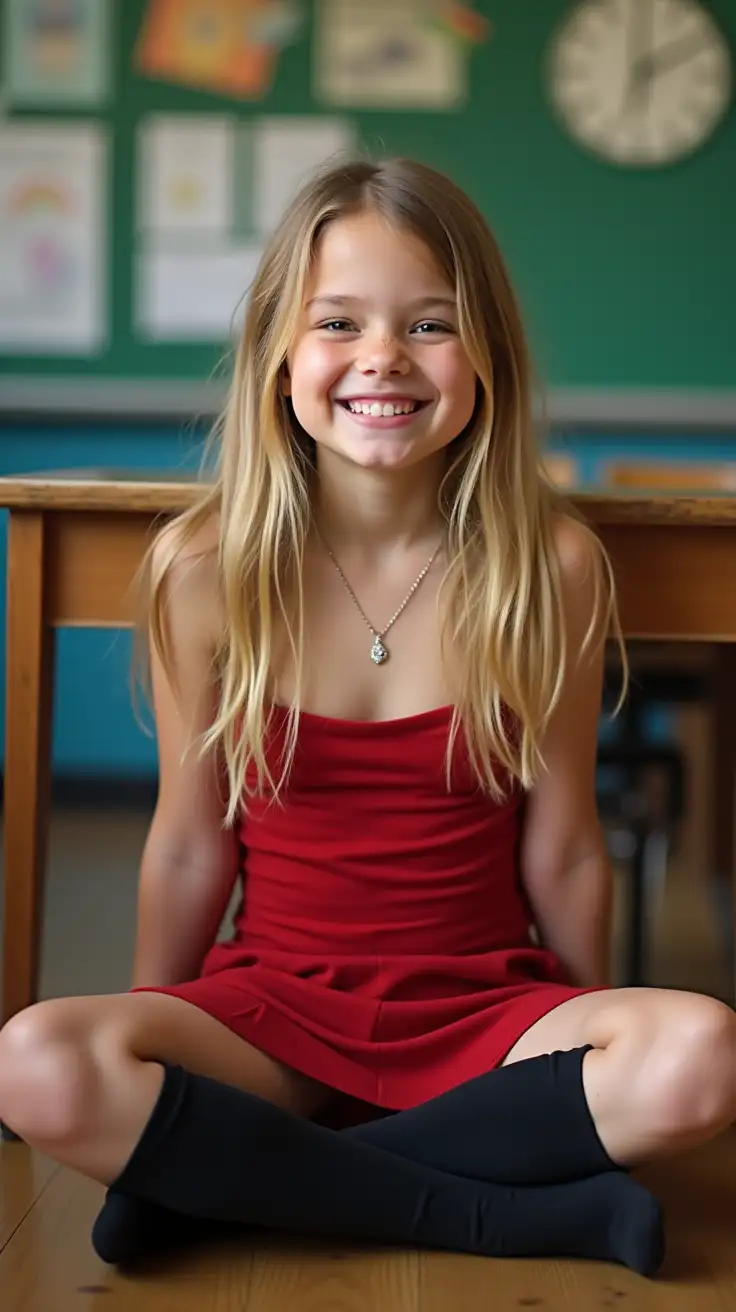 Adorable-Happy-Girl-in-Strapless-Red-Dress-at-School