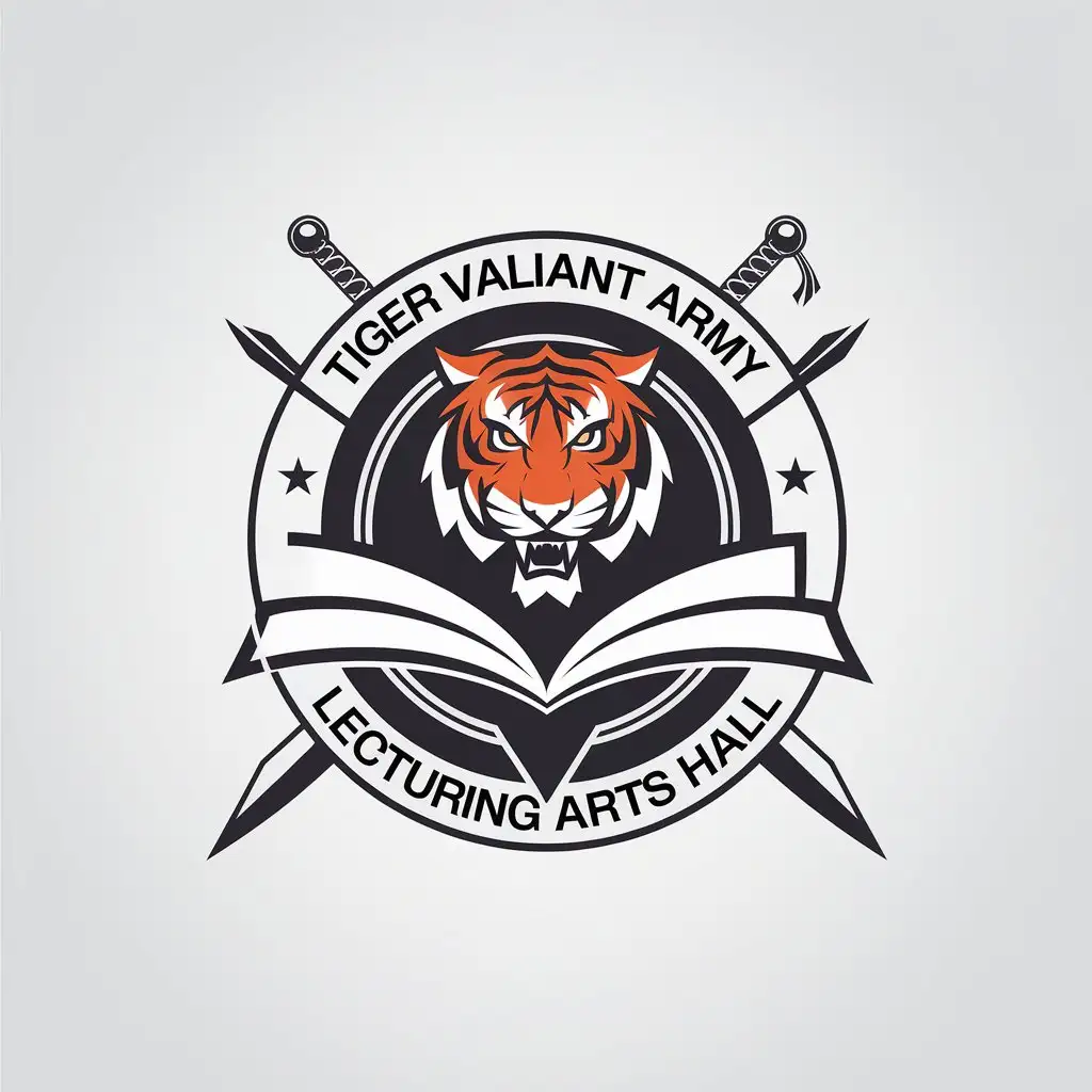 a vector logo design,with the text "Tiger Valiant Army lecturing martial arts hall", main symbol:Frontal tiger head boxing match, with military weapons, incorporating open book element, simple and hard-edged, white background,Minimalistic,be used in Education industry,clear background