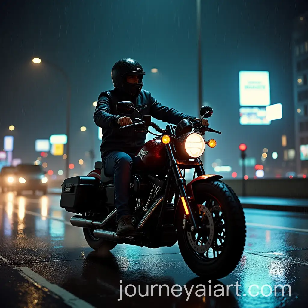 Man-Riding-Harley-Davidson-Motorcycle-in-the-Rain-at-Night-in-the-City