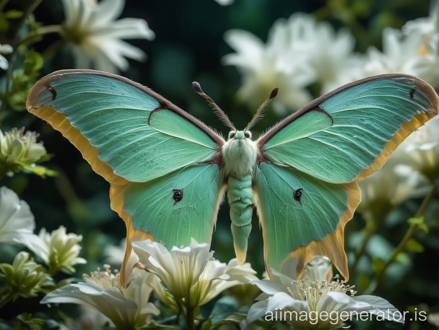 sharp focus, macro photography, bokeh, depth of field, midnight backlight shining, opal-green fluorescent luna moth sitting on a big white flower, garden background