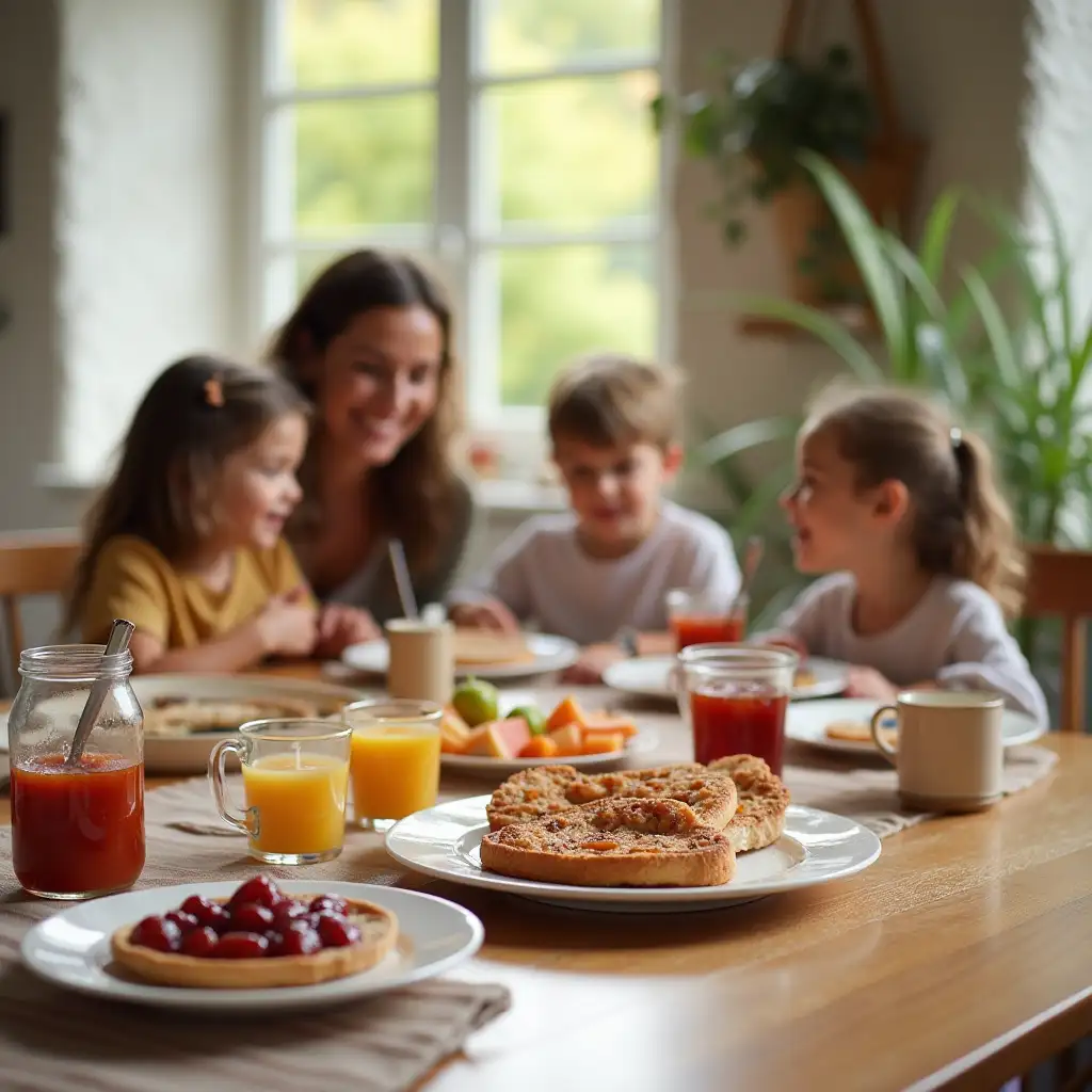 Create several images of a Healthy Family Breakfast Table Elements: A breakfast table with a family enjoying natural jams The image should convey a family, happy and healthy atmosphere.