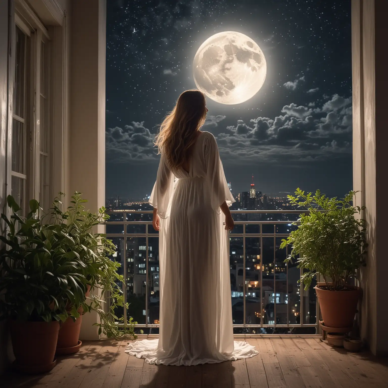 Woman-Gazing-at-Glowing-Full-Moon-on-City-Balcony