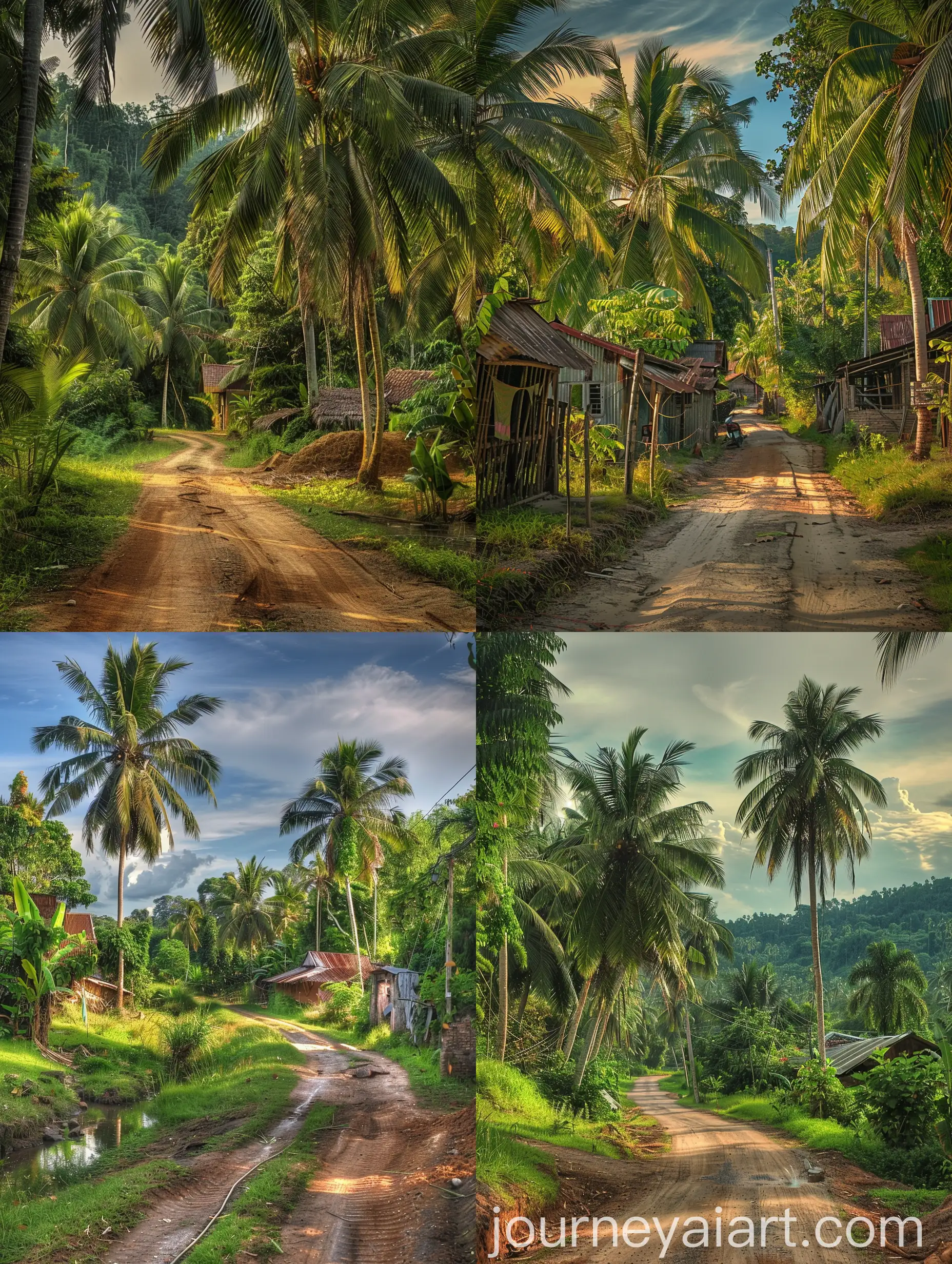 Hyperrealistic-Photograph-of-an-Old-Malay-Village-with-Coconut-Trees-and-Wildlife
