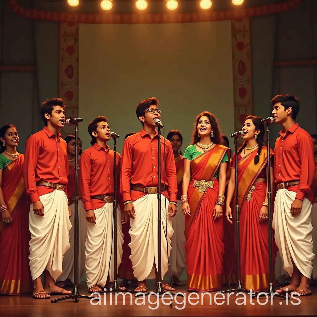 Young-Men-and-Women-Performing-Cultural-Song-in-Traditional-South-Indian-Attire-on-Stage