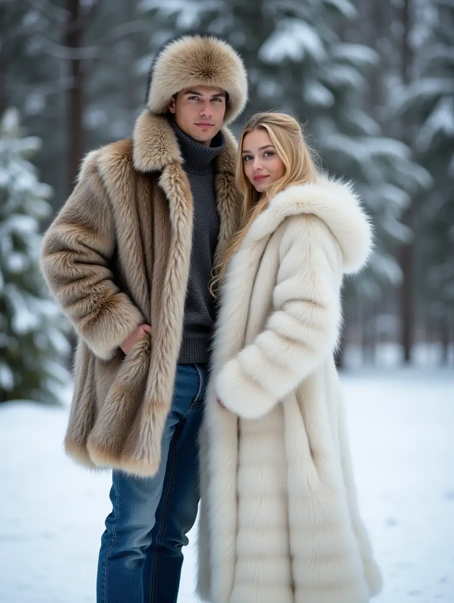 Photo in super-high resolution, beautiful, young Russian man is dressed in a long fur coat of wolf fur, in blue jeans, on the head of a fur hat, stands next to a beautiful Russian girl blonde a long white fur coat with a hood, on the back background, snow-covered conifers forest.