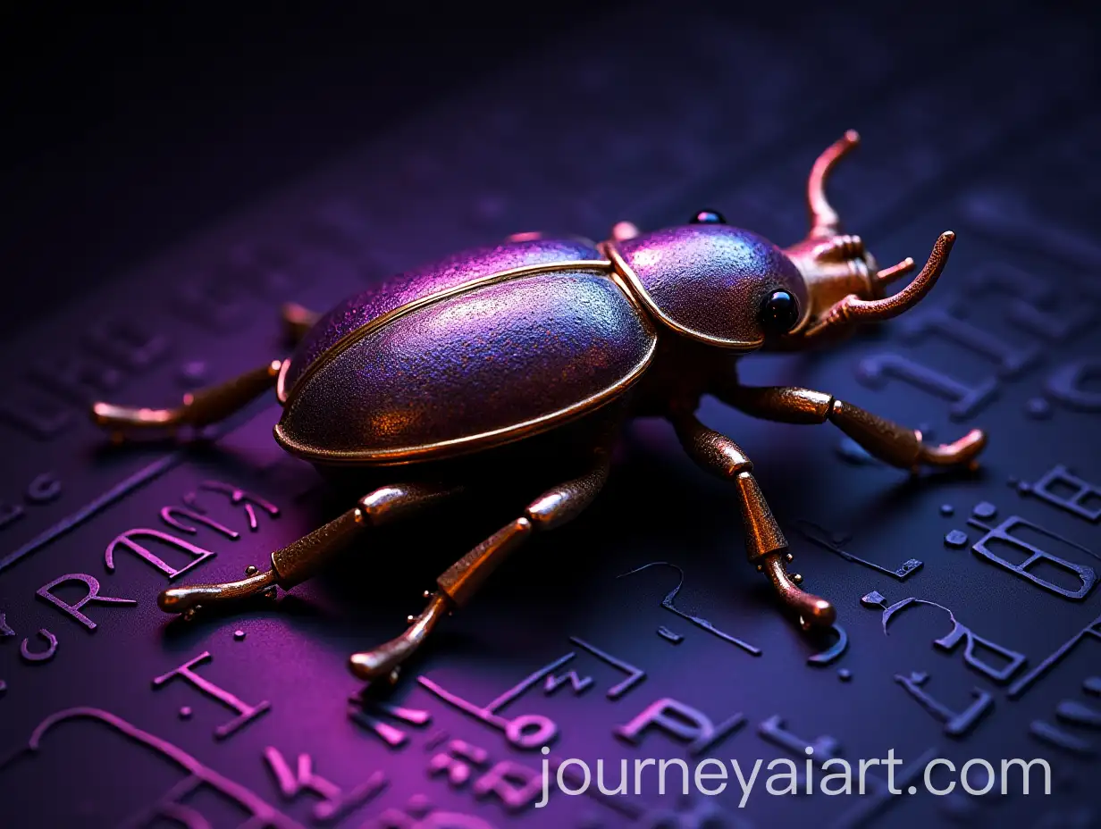 Gold-Ancient-Egyptian-Scarab-Beetle-with-Neon-Lilac-Light-and-Hieroglyphs