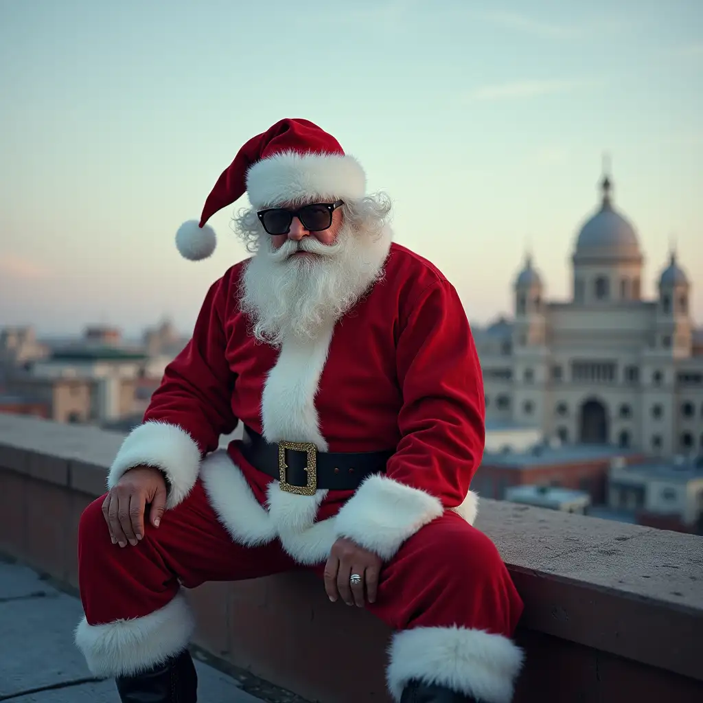 santaclaus with sunglass sitting on a rooftop.ultrarealistic image