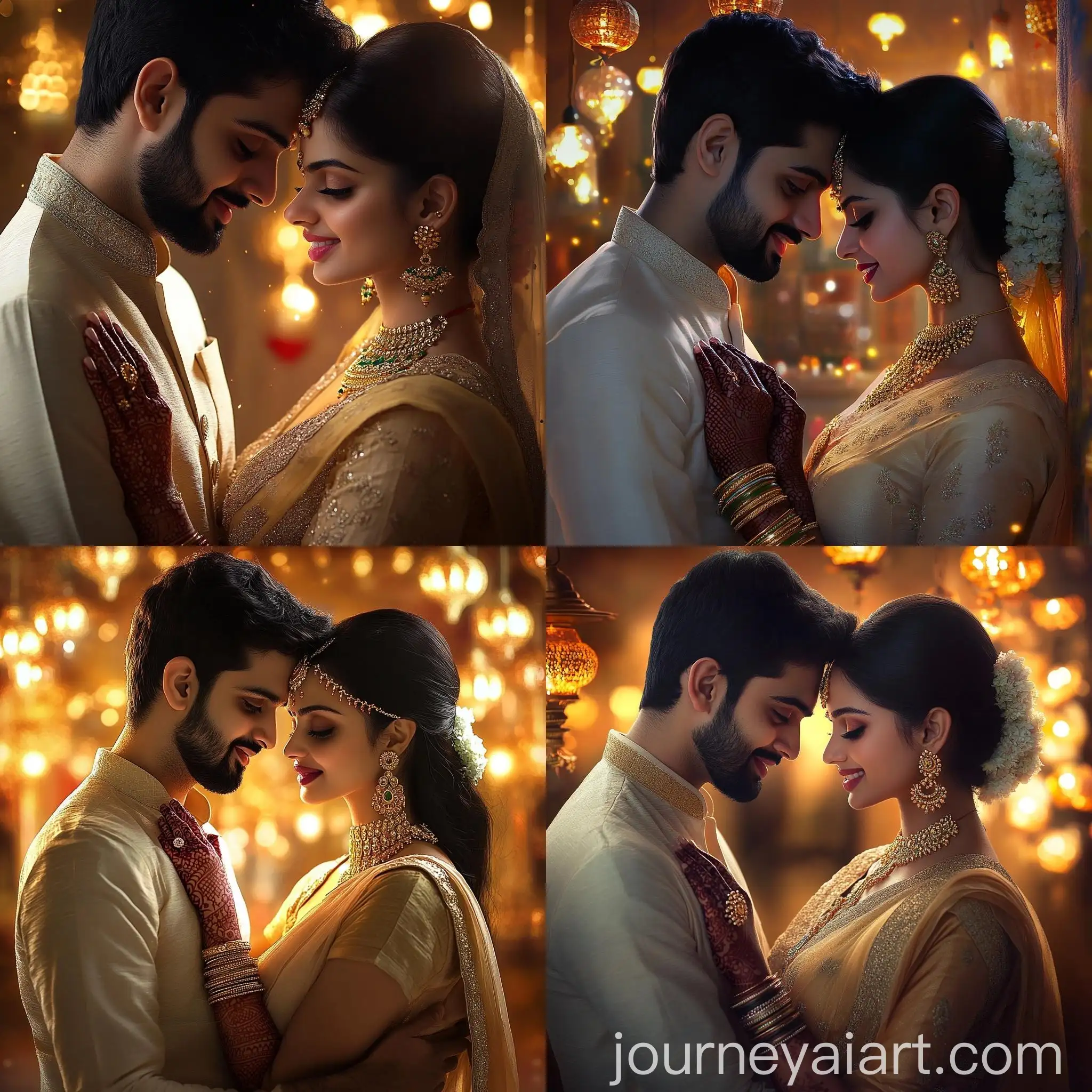 Romantic-Indian-Couple-Embracing-in-Traditional-Attire-with-Festive-Decor