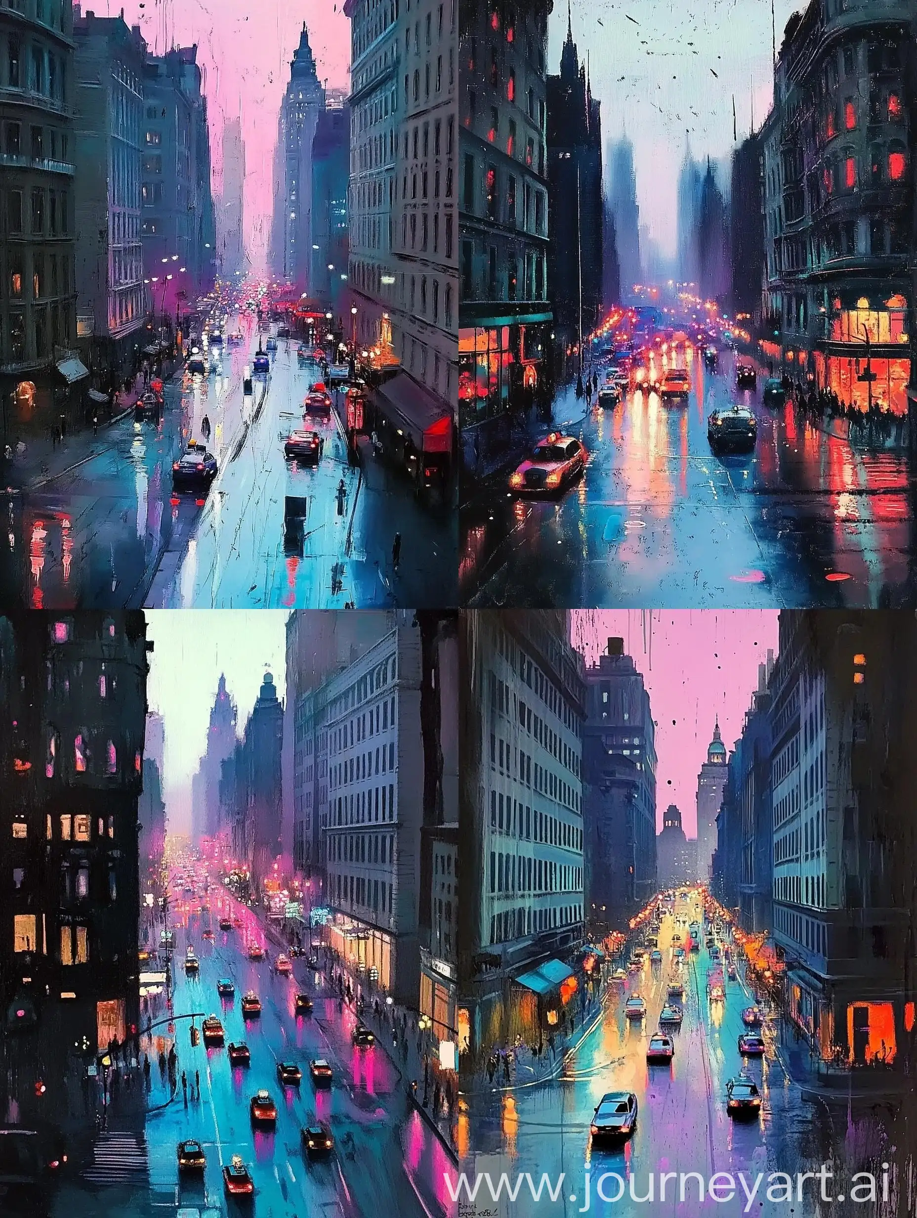 Busy-City-Street-at-Night-with-Blacklight-Paint-and-Tall-Buildings