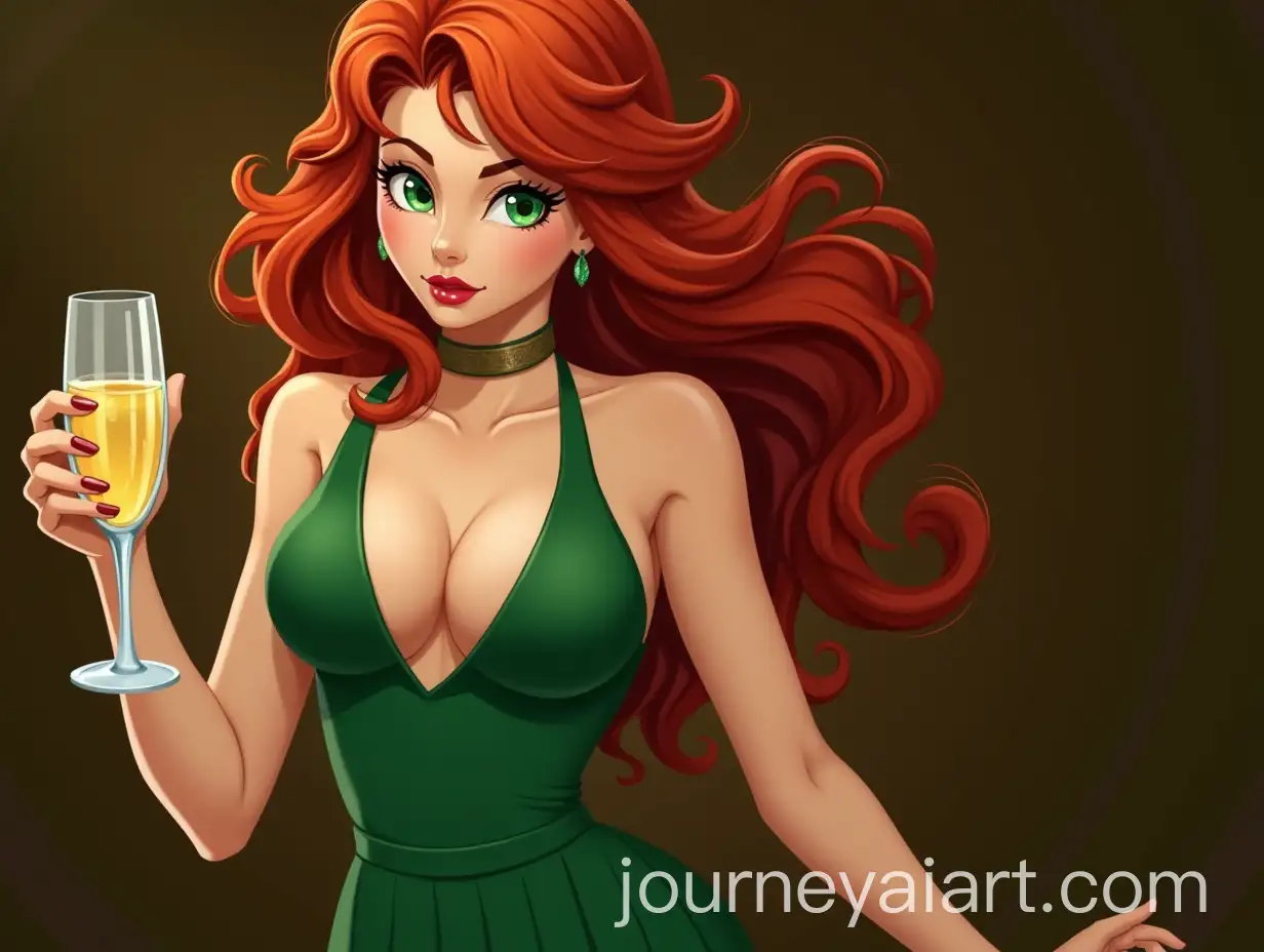 RedHaired-Woman-in-Green-Dress-Holding-a-Champagne-Glass