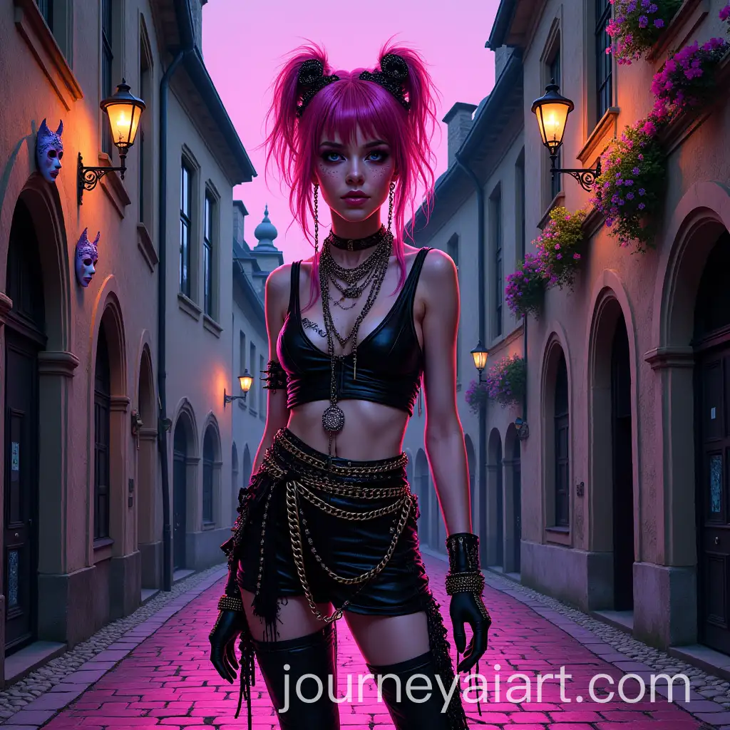 Androgynous-PunkRock-Character-in-Carnival-Costume-with-Medieval-Regensburg-Background