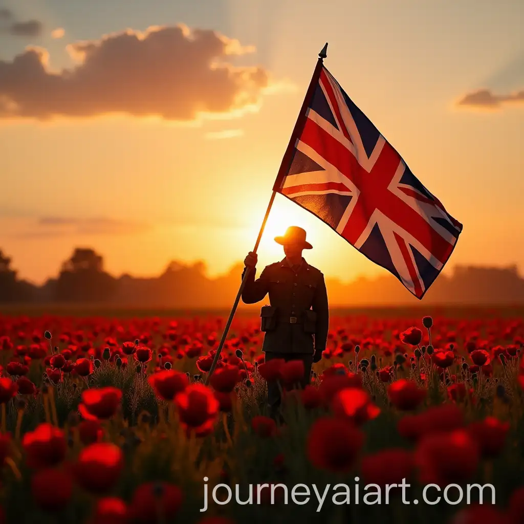 World-War-2-British-Soldier-Holding-Flag-in-Poppy-Field-at-Sunset