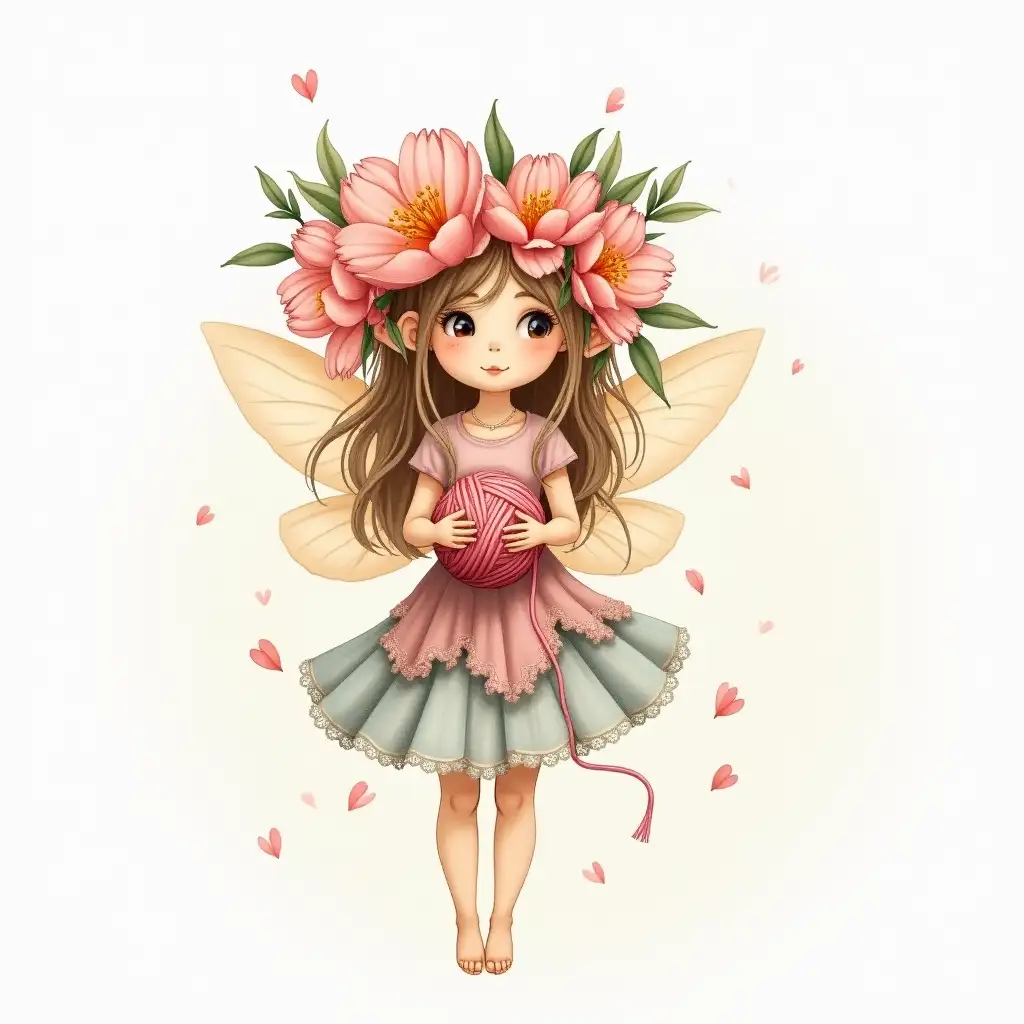 little fairy , tulip flowers crown, a ball of yarn in her hands, beautiful glitter aquarel scetch , pastel colours, Karamfila style , miniature ,unusual images, magical creatures,many details,illustrations for printing on any surface, creative files 30 PNG,conception artwork,graphic designs, ferrite illustrations,scrapbooking materials,artwork karamfila design
