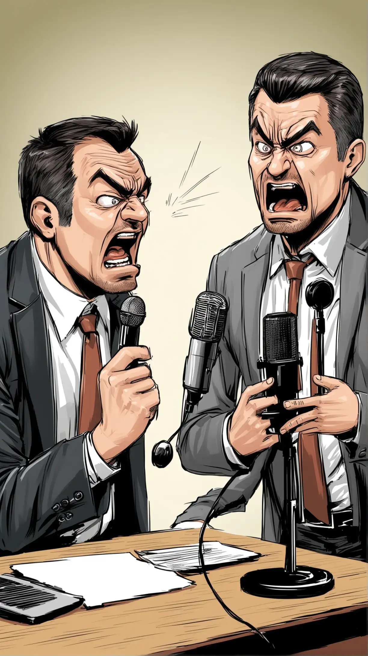 men arguing on a podcast, caricature