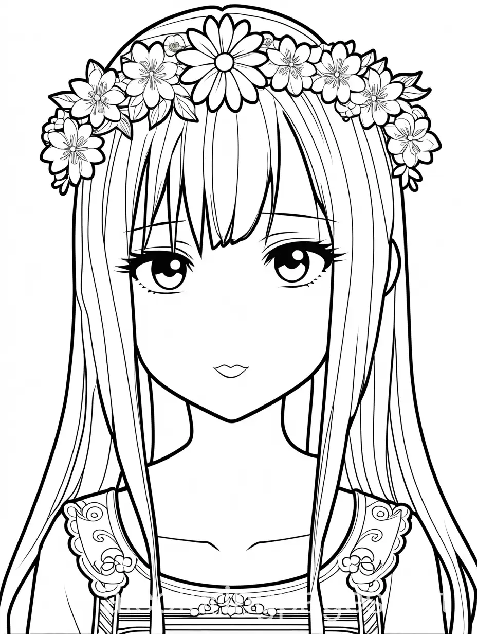 Kawaii-Anime-Girl-with-Flower-Crown-Coloring-Page