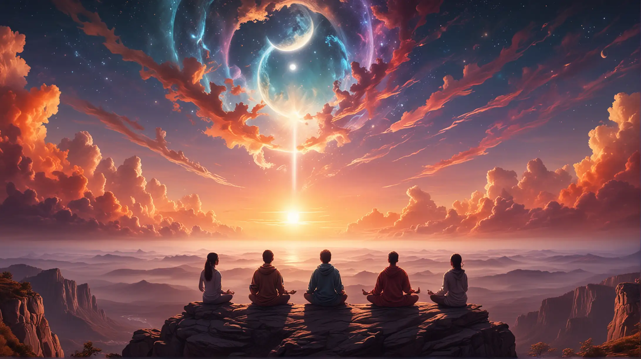 Guided Meditation Group on a Cliff at Sunset with Celestial Sky