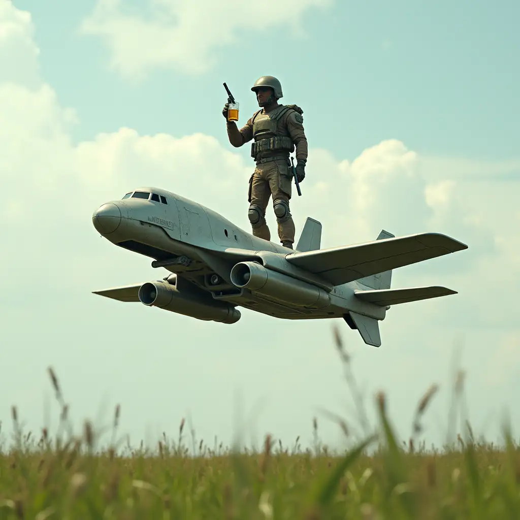 The scene is set in the sky with clouds in the background. Create a futuristic, high-tech soldier standing on an flying drone type of future airplane, with a gritty, metallic backgrounde. This flying drone with riding soldier is flying over the green field where Tinosaurus holding a smoking Pisto with left hand, and drinking a Glass of beer with right hand.