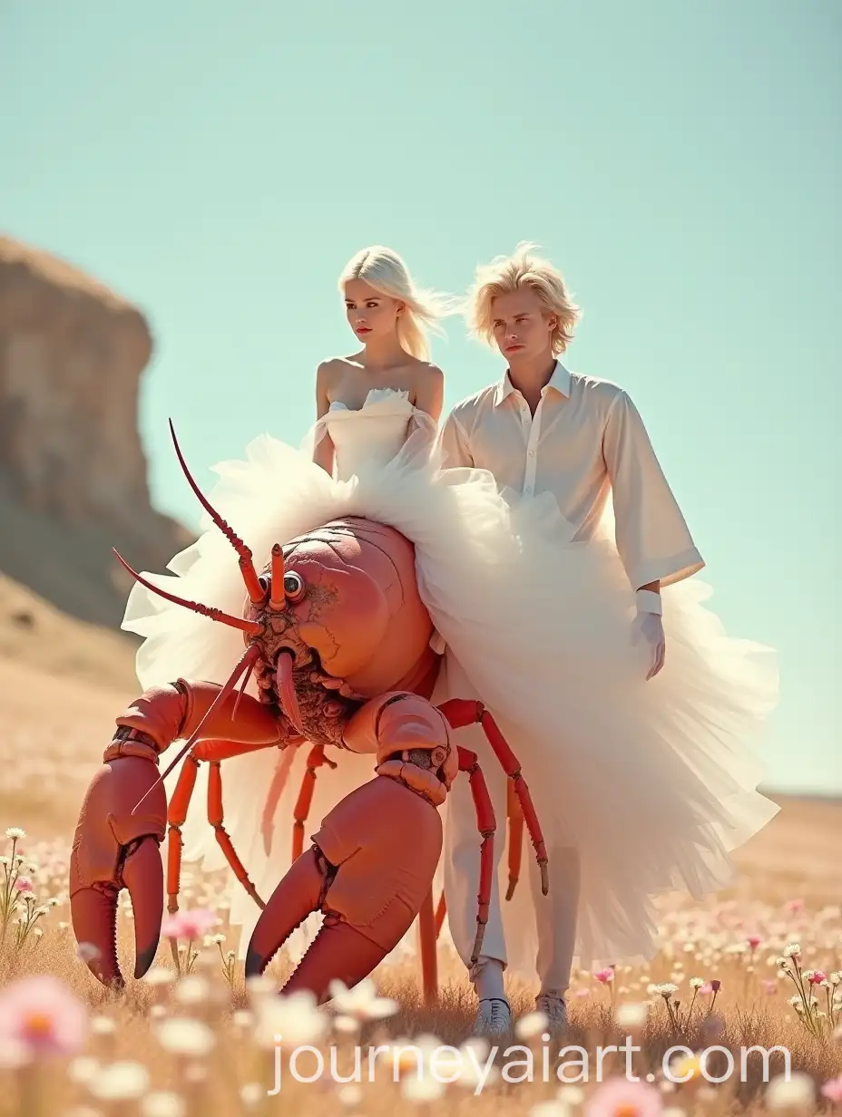 Surreal-Fantasy-Scene-of-Albino-Couple-Riding-CoralRed-Lobster-in-Flower-Field