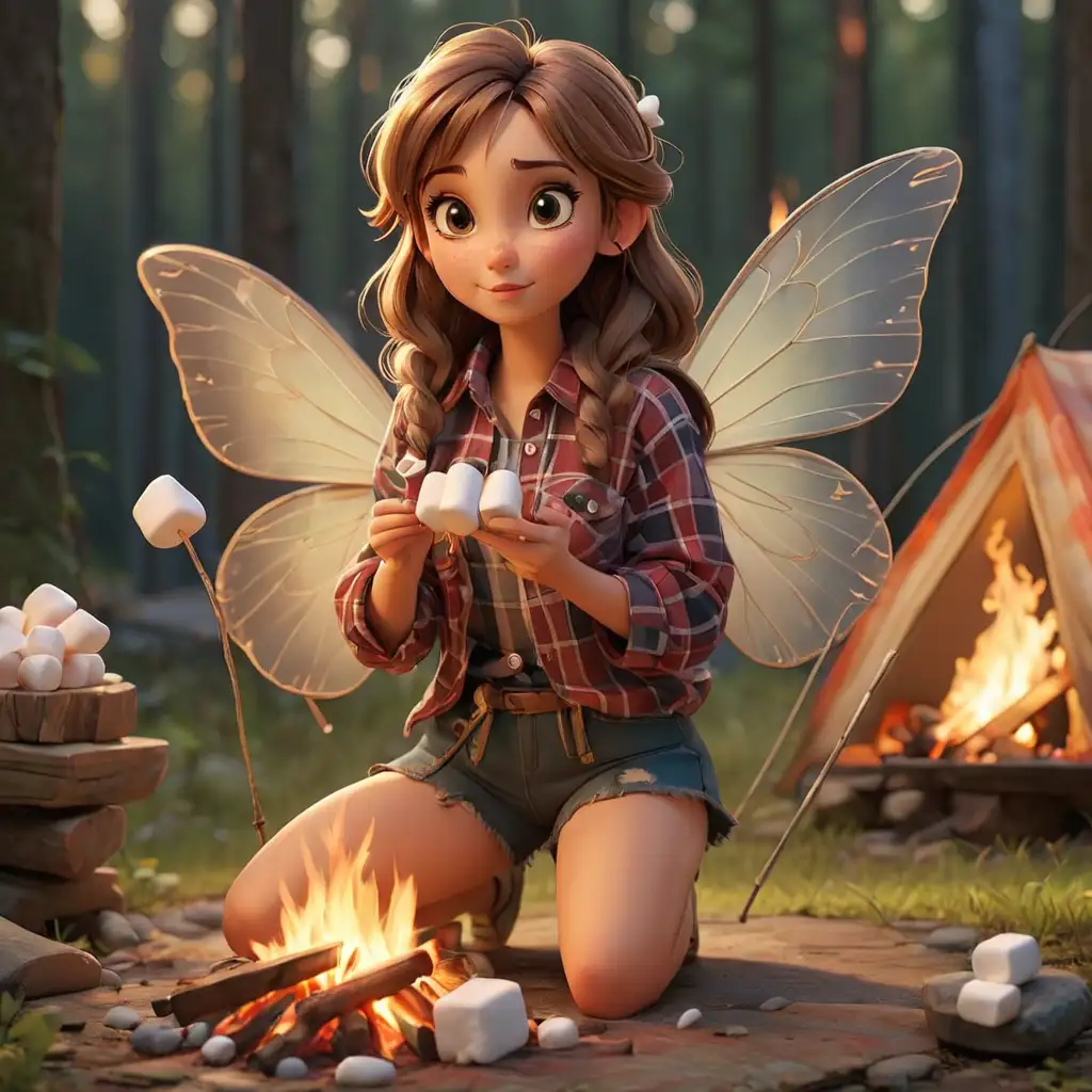 Fairy Roasting Marshmallows by Campfire in Disney Style 3D Art