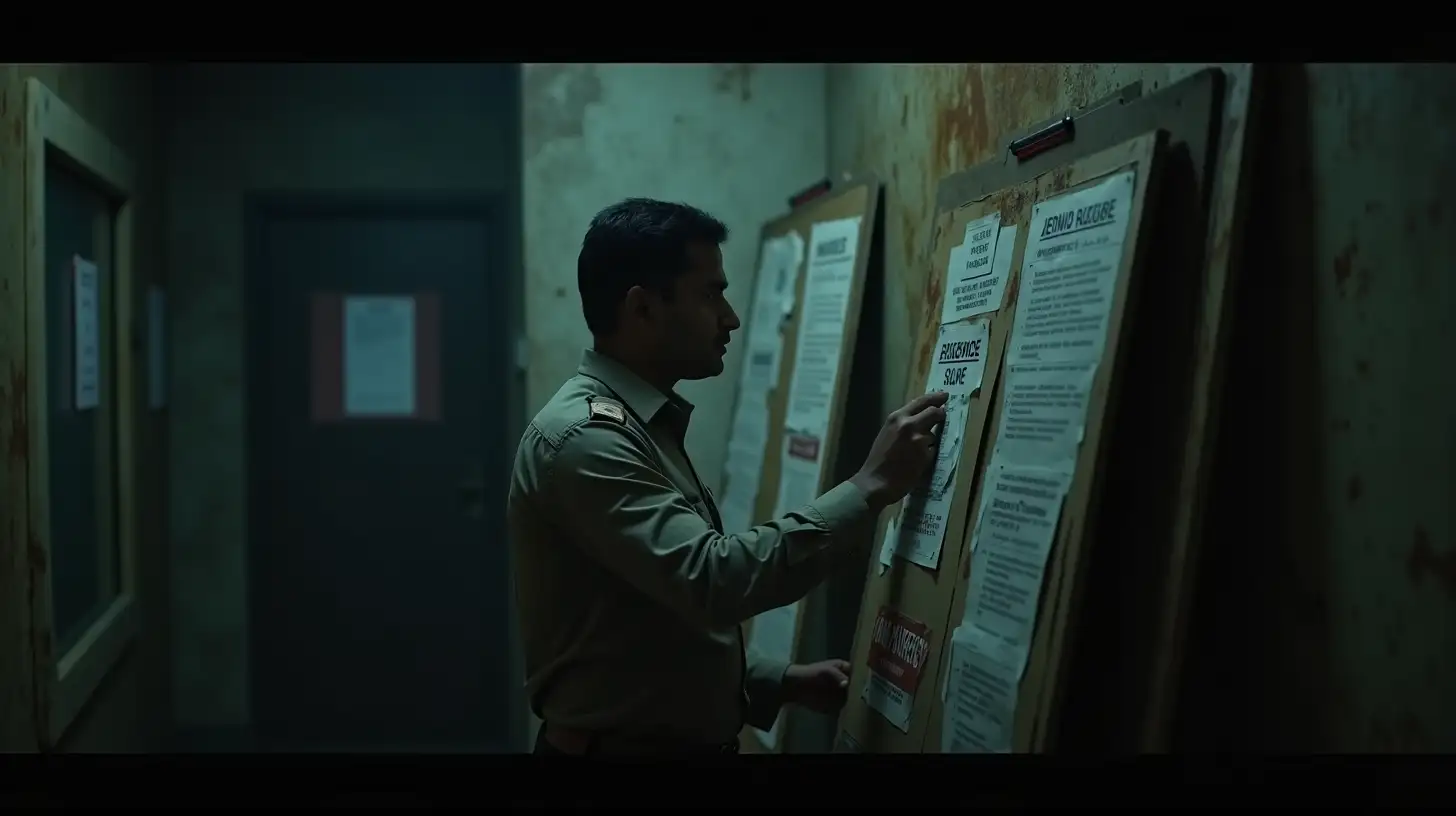 cinematic, neo-noir style wide-angle shot of an Indian investigative officer examining an evidence board in a rusty, dimly lit office. The atmosphere is suspenseful and gritty, perfect for a crime thriller.