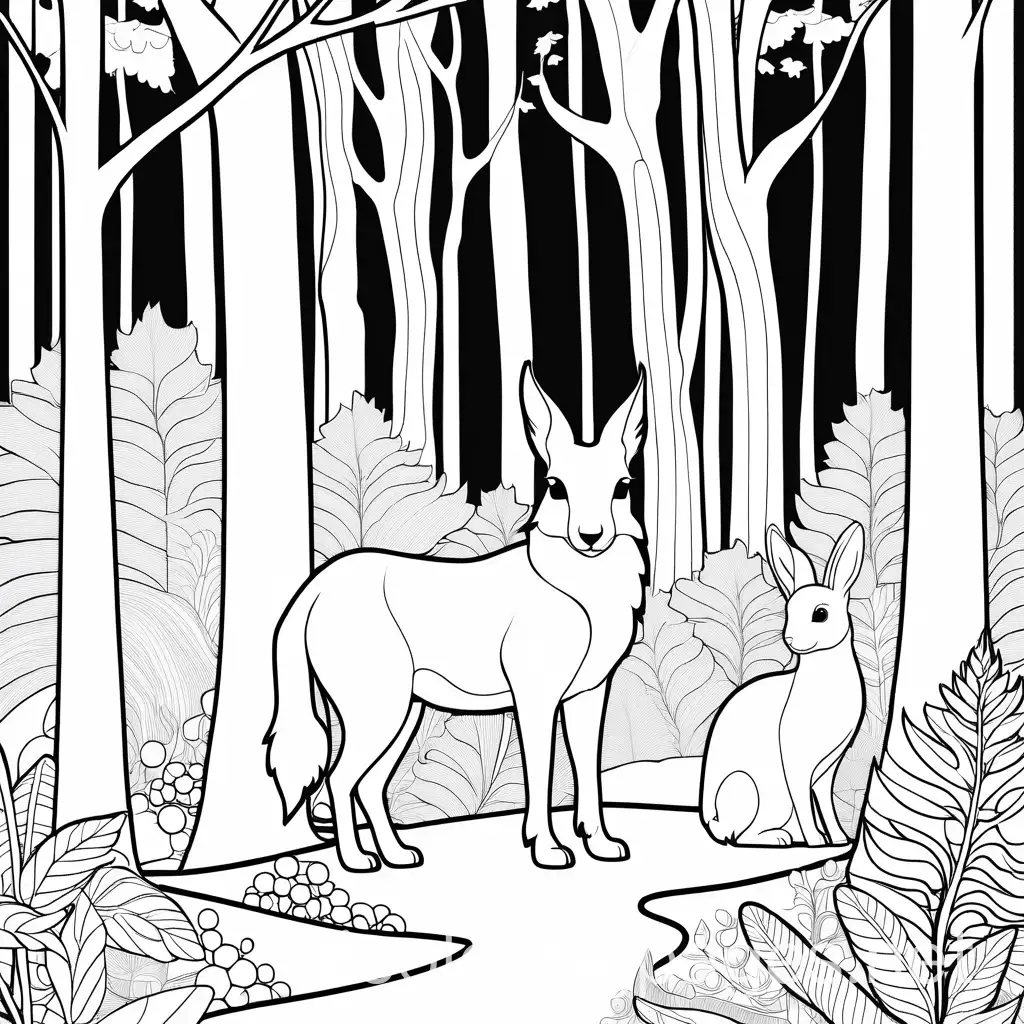 fantasy pets in the forest,colouring page,sharp lines,black and white , Coloring Page, black and white, line art, white background, Simplicity, Ample White Space. The background of the coloring page is plain white to make it easy for young children to color within the lines. The outlines of all the subjects are easy to distinguish, making it simple for kids to color without too much difficulty