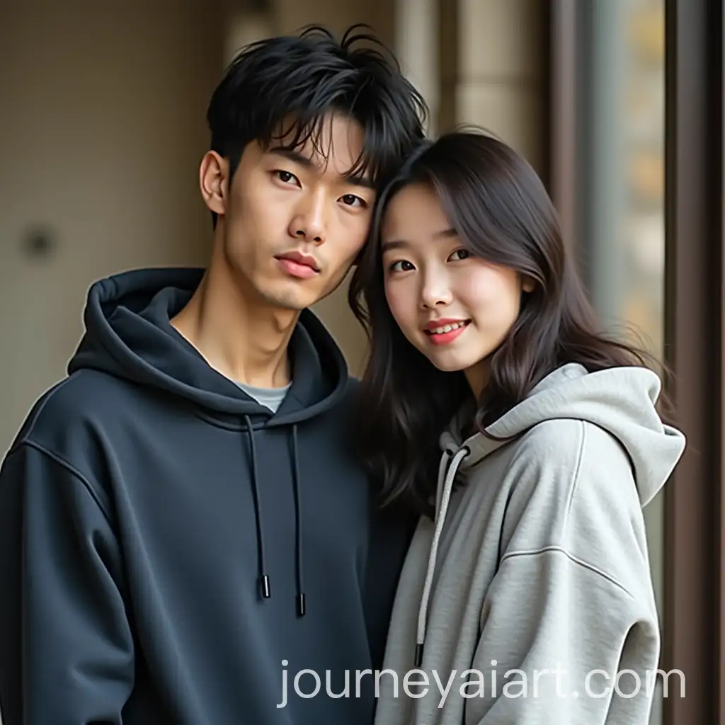 Young-Asian-Couple-in-Casual-Clothing-with-Flirty-Expressions