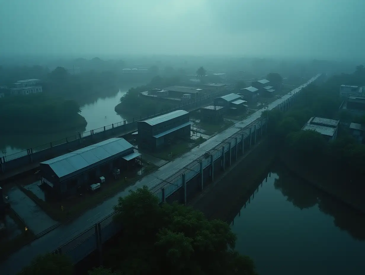 A modern, fortress-like compound located in the Myanmar border region, viewed from above. The scene features high-security fences, multiple interconnected buildings, and visible surveillance cameras. The fences are surrounded by river. The atmosphere is dark and tense, emphasizing a photorealistic style with cinematic lighting. The weather is gloomy, with overcast skies, enhancing the ominous mood. Rendered in 8k quality with fine details. Negative Prompt: Exclude text, watermarks, blurry or low-quality elements, distortions, unrealistic features, and cartoon-like styles. Focus on achieving hyper-realism and clarity.