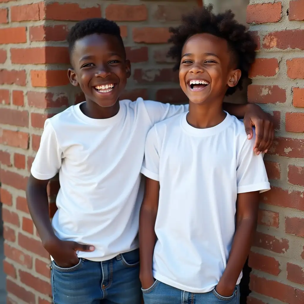 a black 7-year-old boy and a black boy both wearing white t-shirts and jeans, leaning against a brick wall, laughing in intricate realistic photography with highly detailed natural light