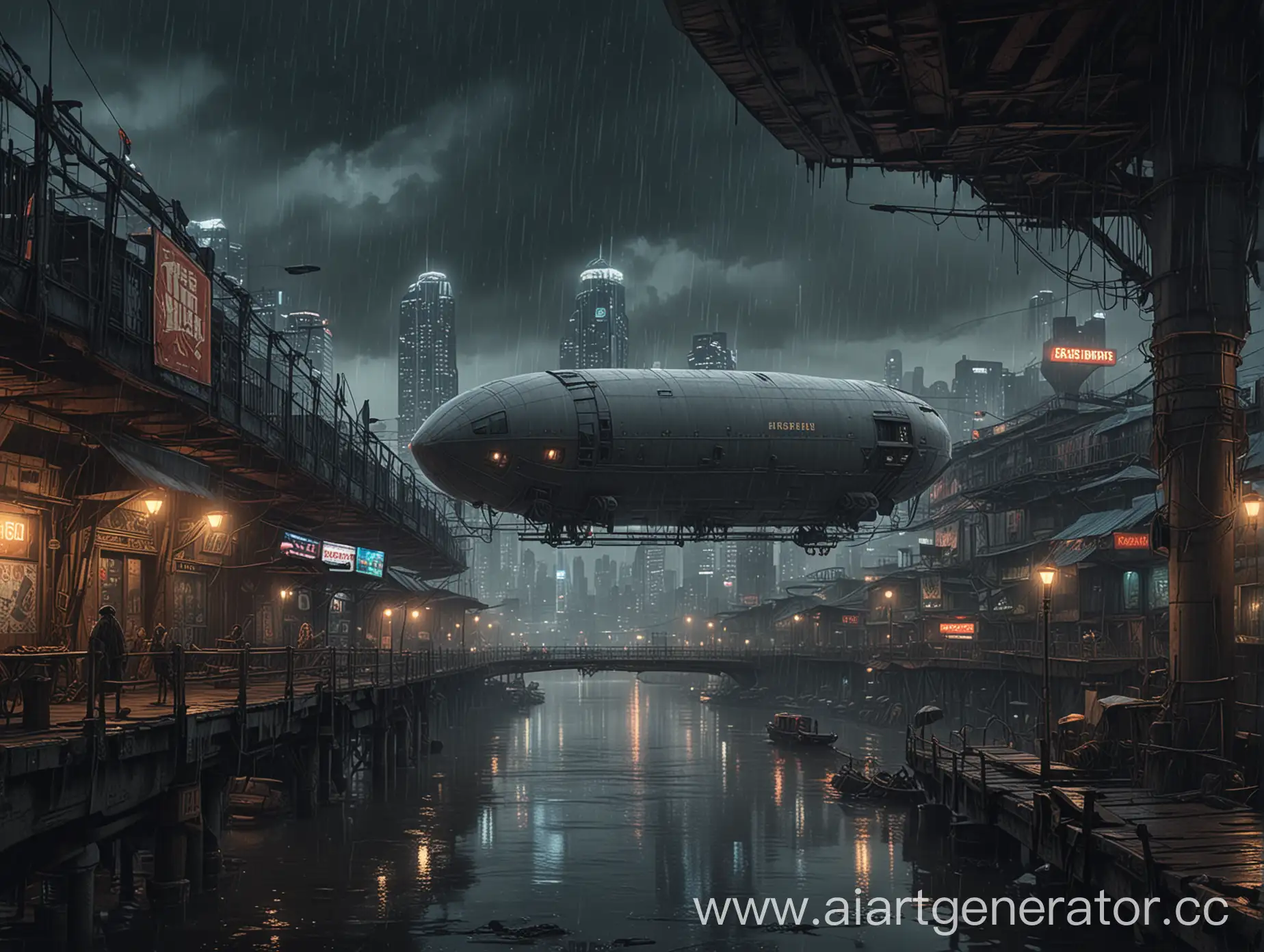 photorealistic image in cyberpunk style, night, rain, bridge over river, behind the bridge megapolis in the sky airship with advertisement, in the foreground under the bridge hobo and shacks of the poor