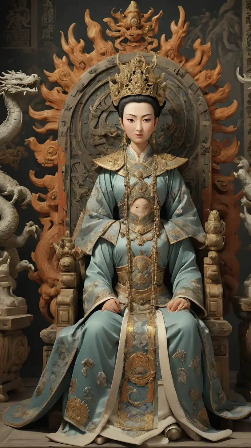 Empress Wu Zetian Seated on Imperial Throne with Dragons and Symbols of Power