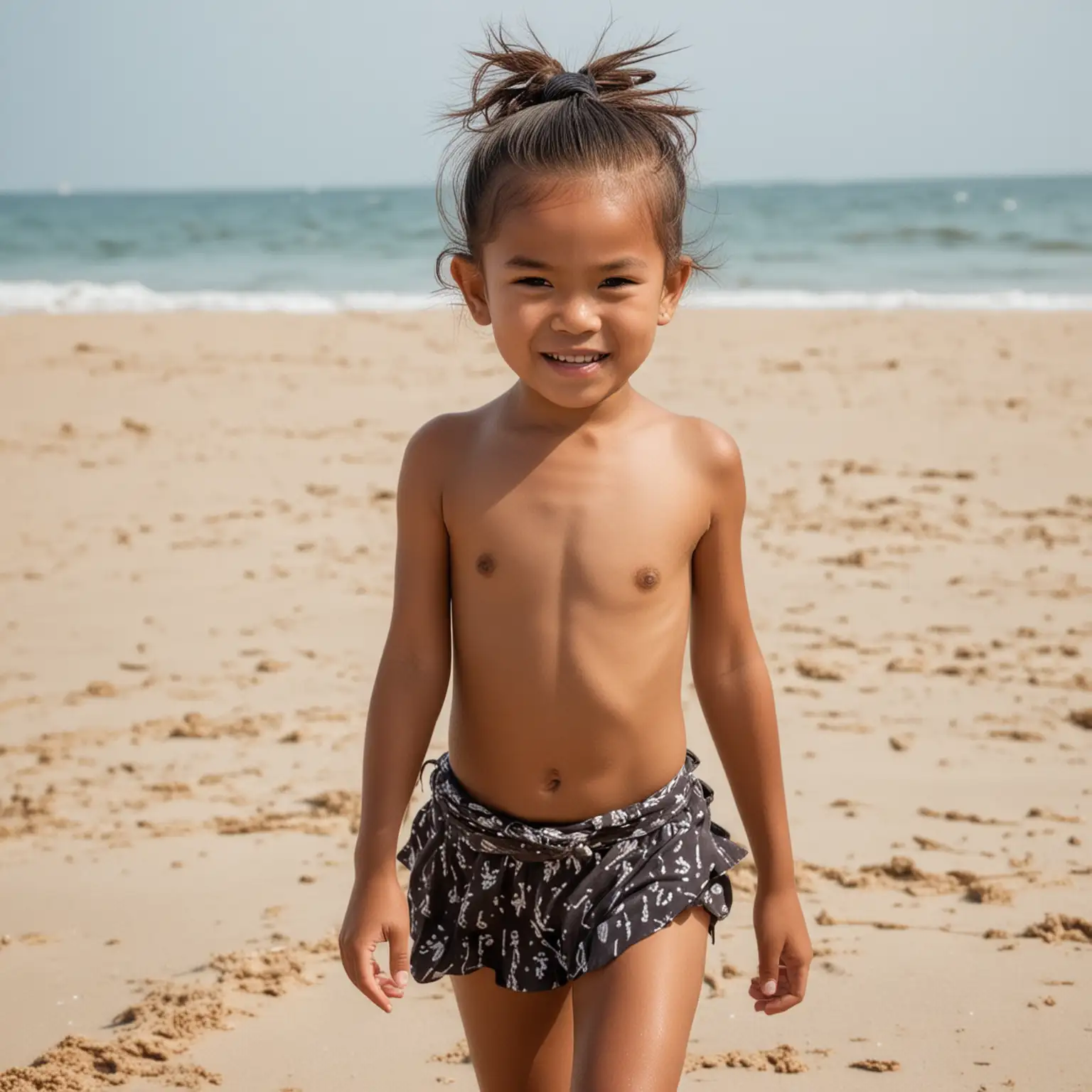 a Indonesian woman age 8 years old, walking on sand, hair tied up, squinting, wearing a bikini