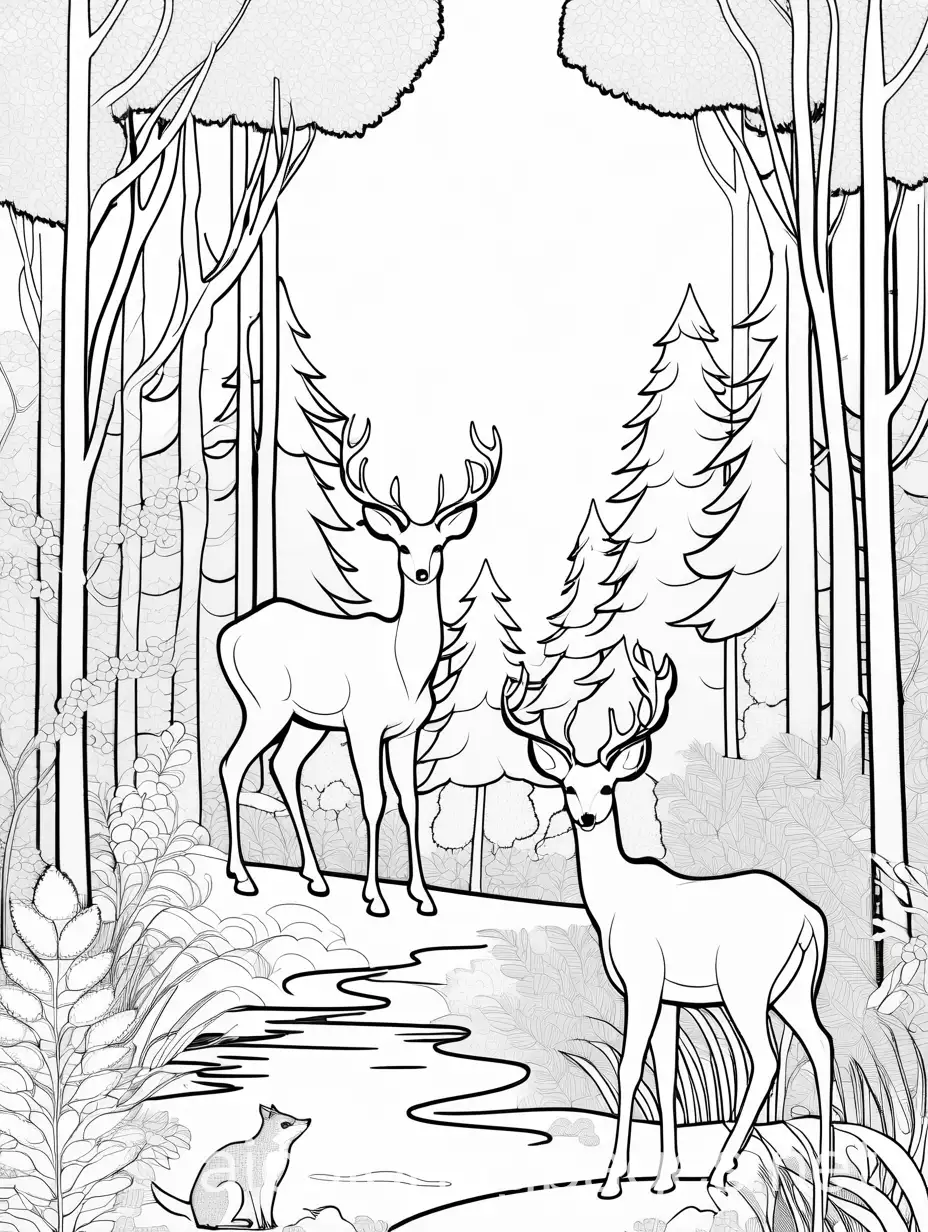 Forest with animals Nature, Coloring Page, black and white, line art, white background, Simplicity, Ample White Space. The background of the coloring page is plain white to make it easy for young children to color within the lines. The outlines of all the subjects are easy to distinguish, making it simple for kids to color without too much difficulty