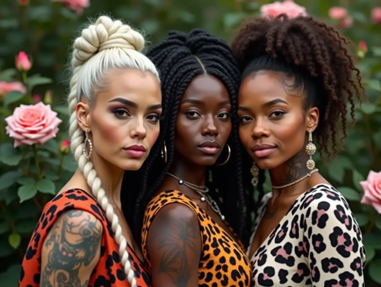 A white and a black and an Asian woman with dreadlocks wearing a leopard-patterned blouse, a slight smile on their faces, tattoos, with lips highlighted in white lipstick, modern jewelry and more, in a park with many roses in various shades 4k quality