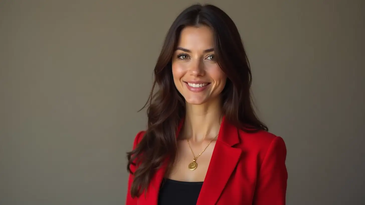 Elegant Businesswoman in Red Blazer with Chocolate Brown Hair