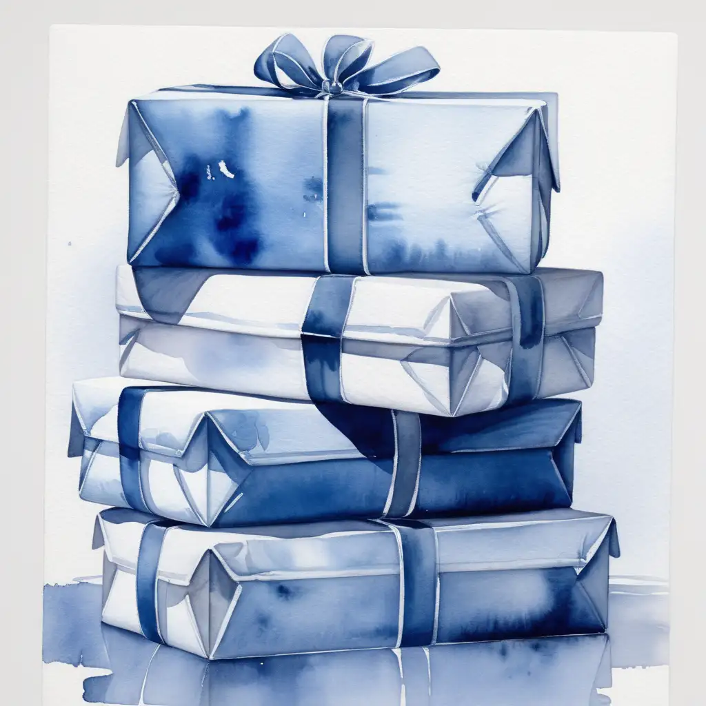 Three Large Stacked Packages with Sidebands in Shades of Blue Watercolor