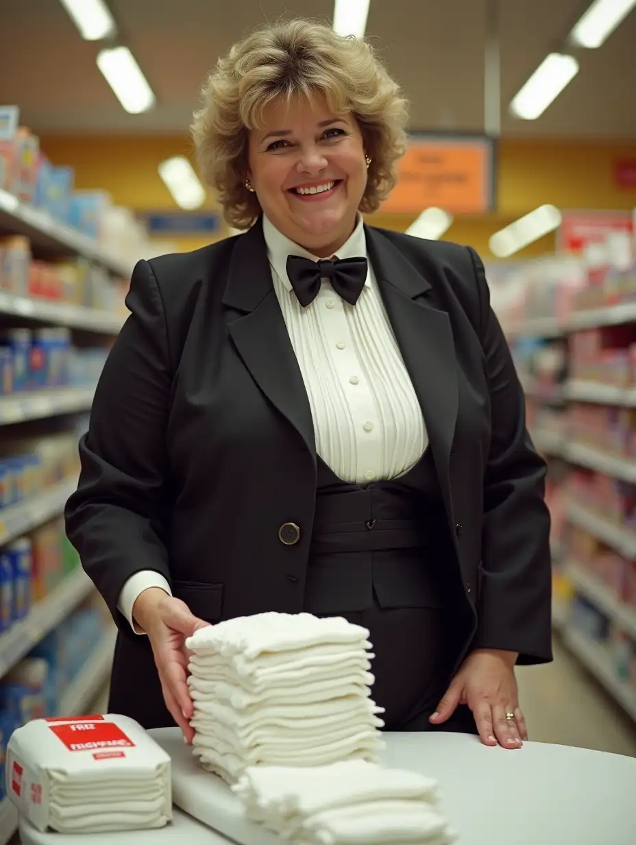 Caucasian-Woman-in-Formal-Tuxedo-Demonstrating-Diapering-Products-in-Supermarket