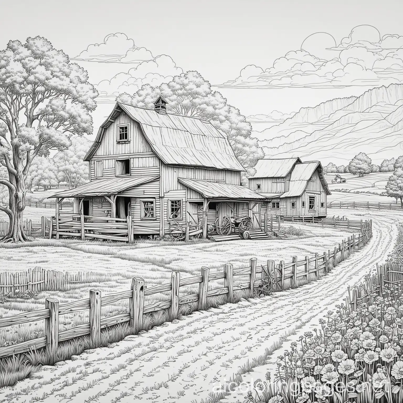 Simple-Black-and-White-Outline-of-an-Old-Farm-for-Kids