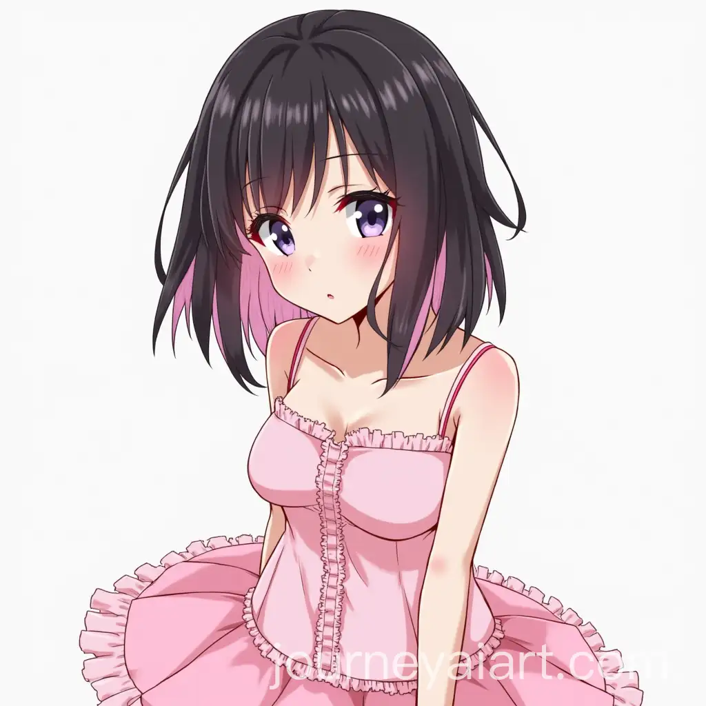 Anime-Girl-with-ShoulderLength-Black-Hair-Pink-Highlights-and-Frilly-Skirt