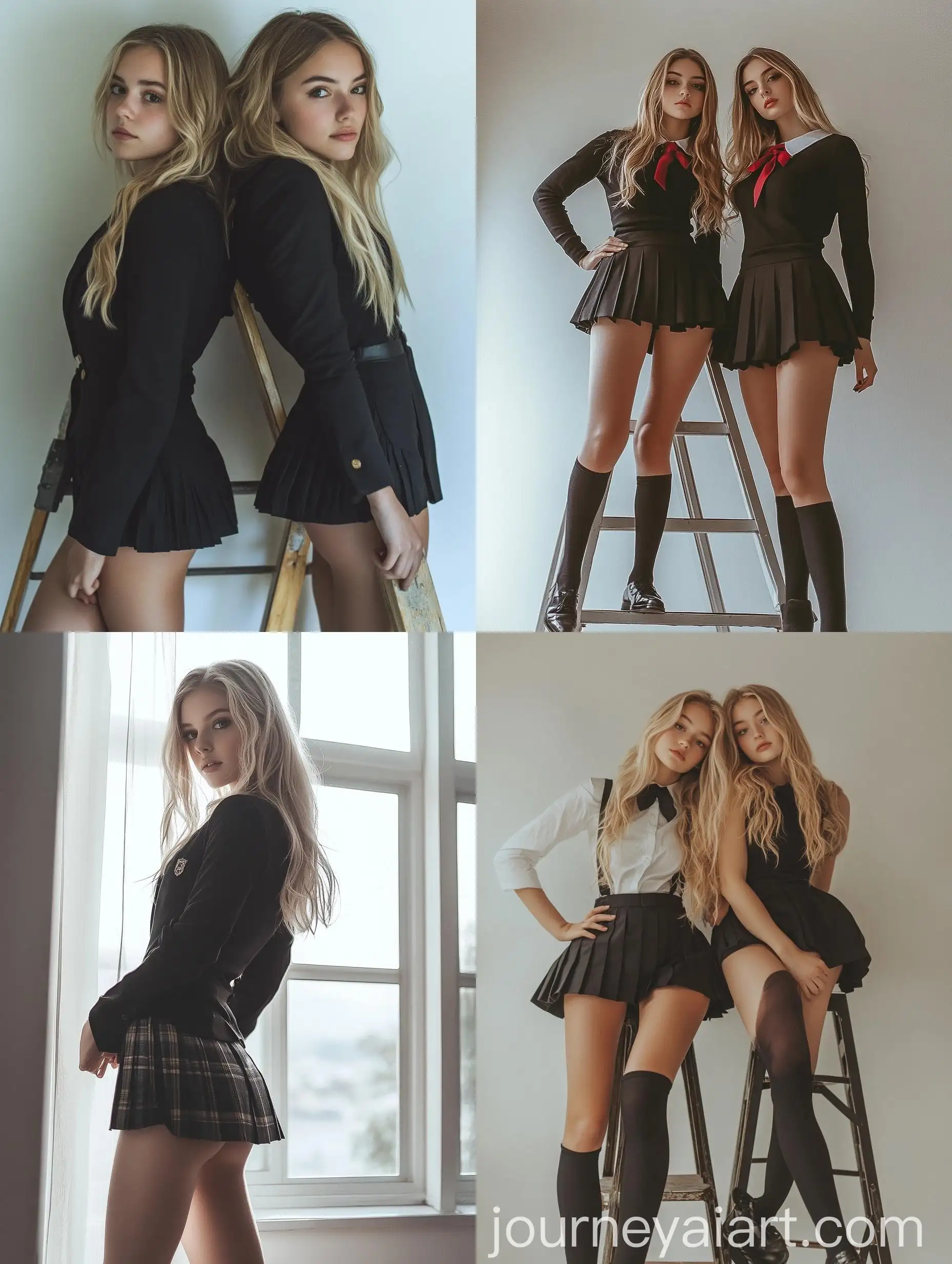 Blonde-Women-in-Black-School-Girl-Uniform-Posing-at-Photography-Studio
