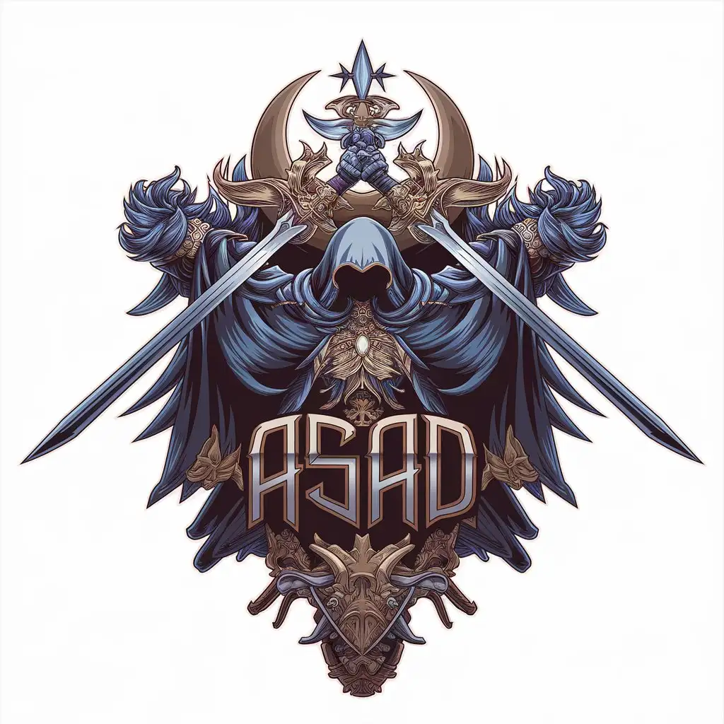 a vector logo design,with the text "AsaD", main symbol:Luna Sword Assassin,complex,be used in Religious industry,clear background