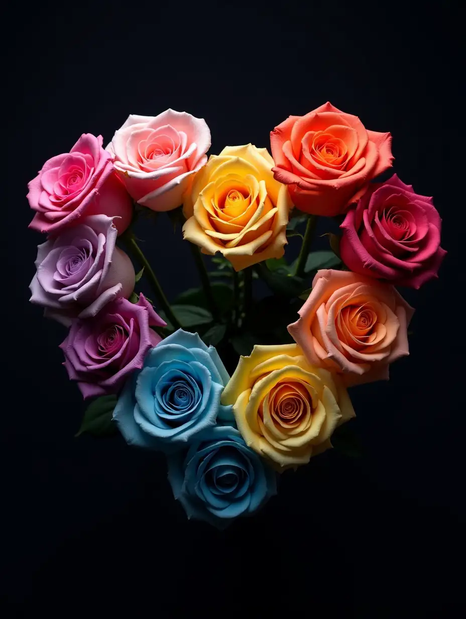 sophisticated rainbow colored rose bouquet forming a heart on a dark background