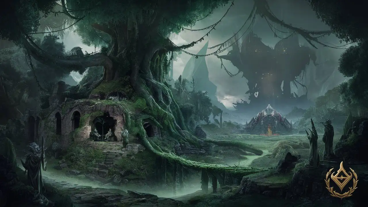 Enchanted Forest with Ancient Ruins and Elven Sentinels