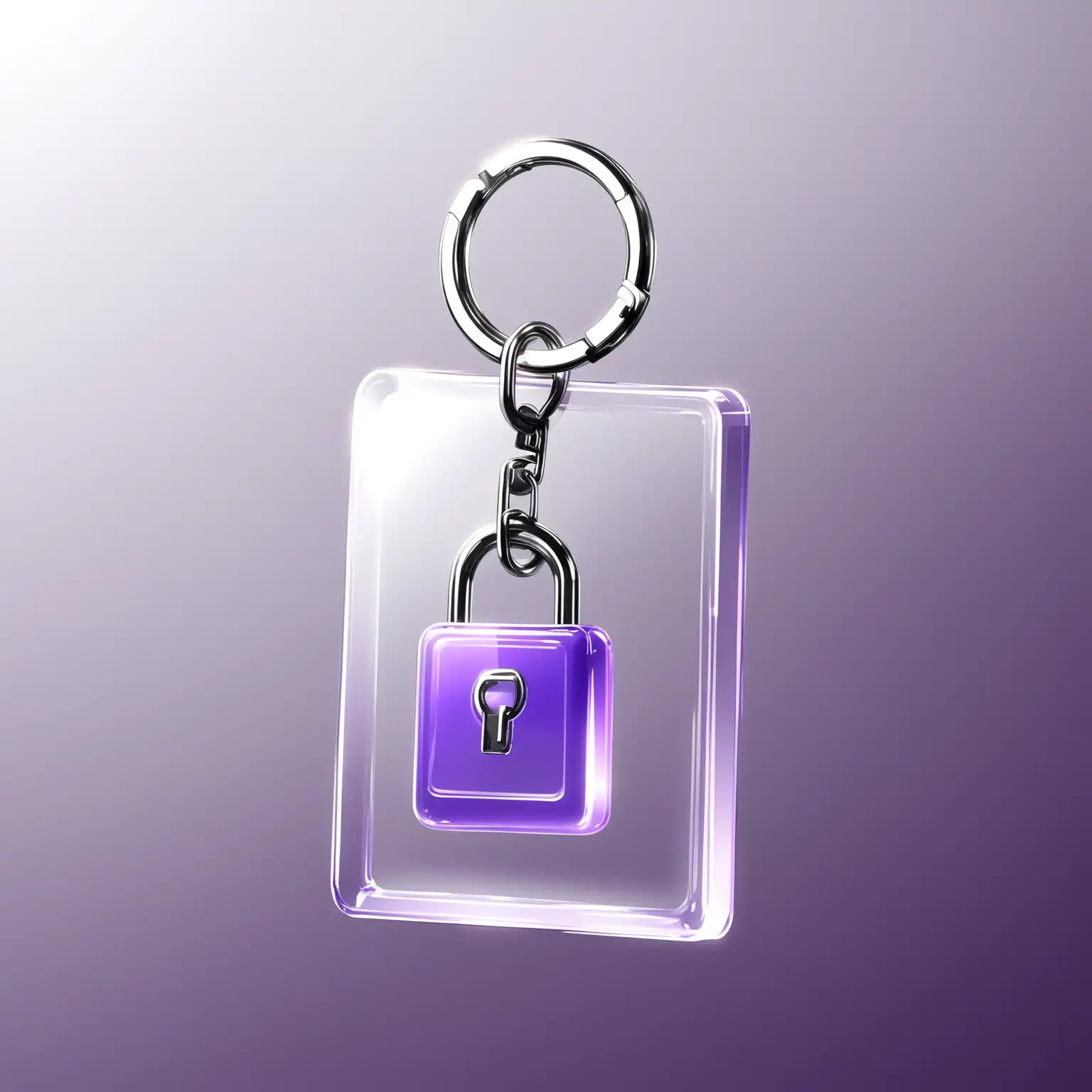 A translucent glassy form in the style of glassmorphism. A 3d transparent Glass graphic Illustration . It is attached to the keychain with a silver metallic ring. A purple color On, a rectangular keychain tag with a white Color password symbol, suggesting secure access or login. The tag appears to be made of metal or a similar material..